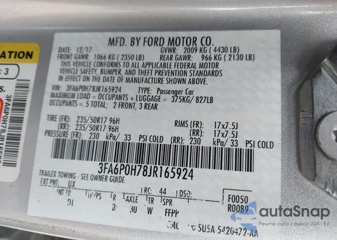 2018 Ford Fusion Se z USA, uszkodzony, nr VIN 3FA6P0H78JR165924